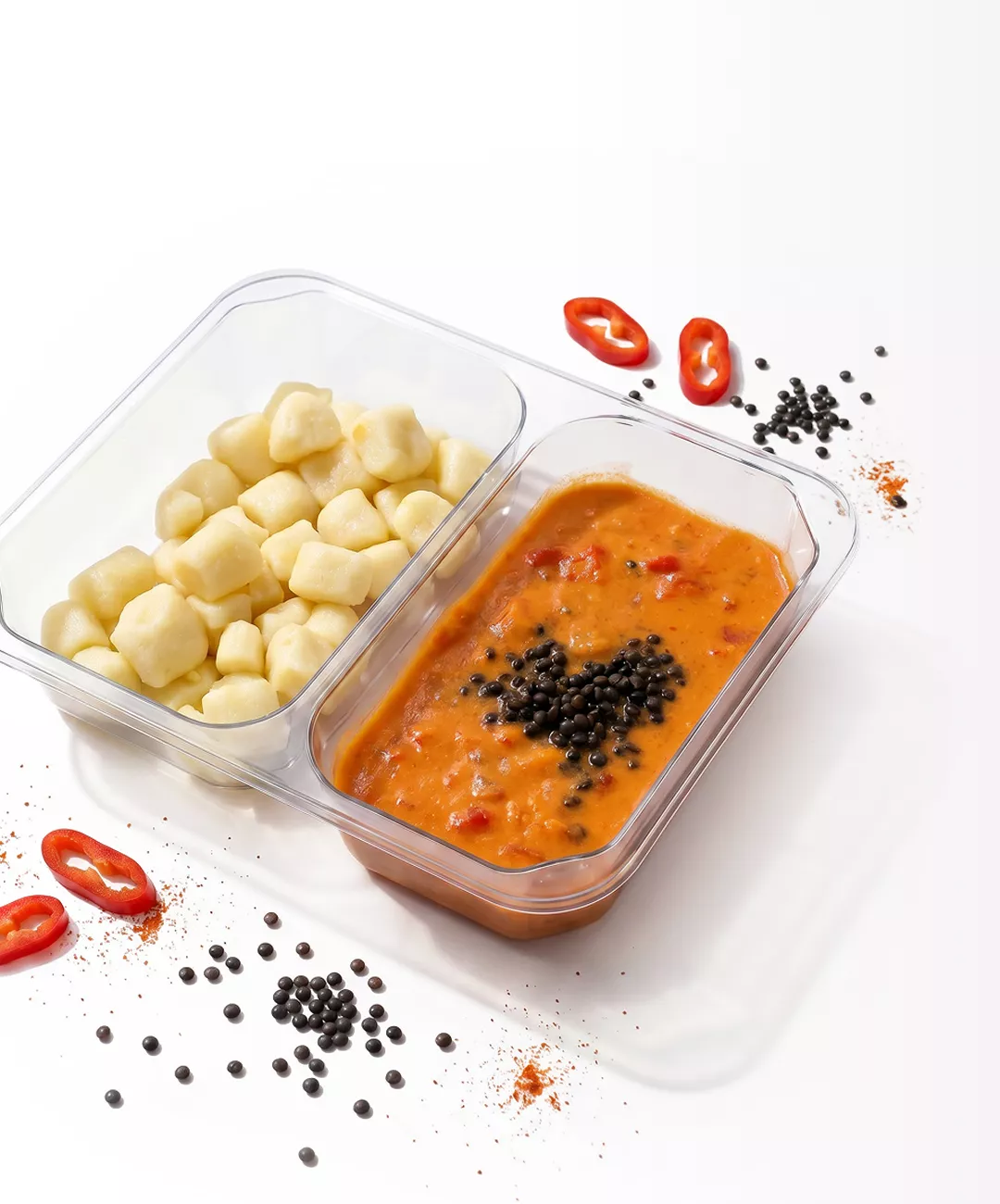 Jídlo Pomelo: gnocchi s rajčatovou omáčkou a čočkou
